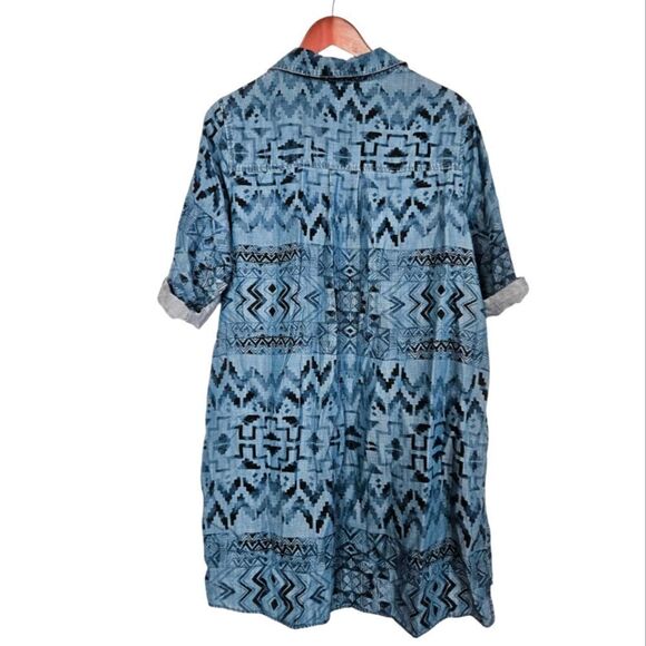 Soft Surroundings Blue Chambray Geometric Print 3/4 Sleeve Collared Tunic Top L - Picture 2 of 5